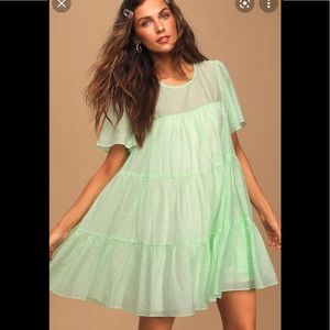 Lulu’s light green and white stripe baby doll mini dress with tiers size small